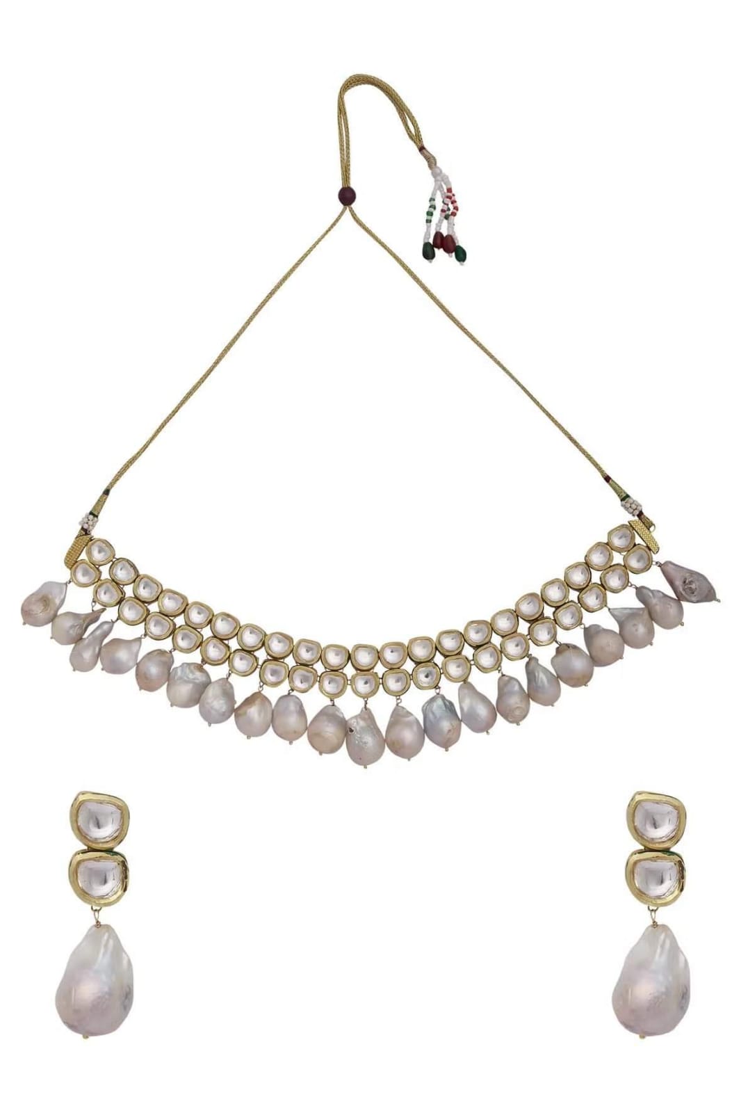 Gold-Plated White Kundan Studded & Beaded Jewellery Set - Image 3