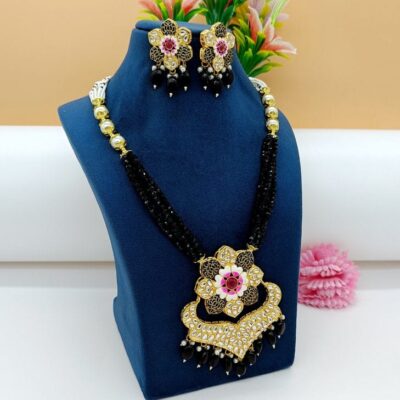 Gold Plated Kundan Beaded Necklace & Earrings Set