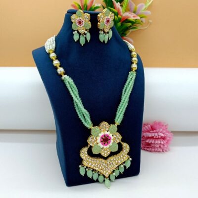 Gold Plated Kundan Beaded Necklace With Earrings