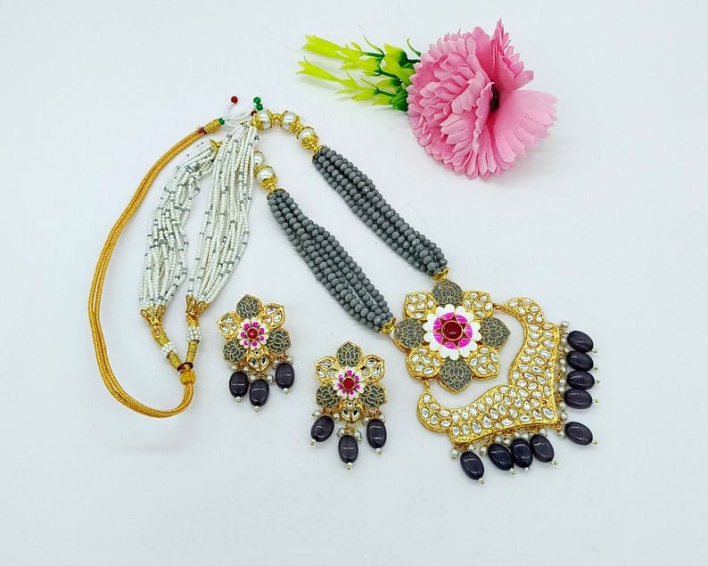 Gold Plated Kundan Beaded Necklace & Earrings Set - Image 3