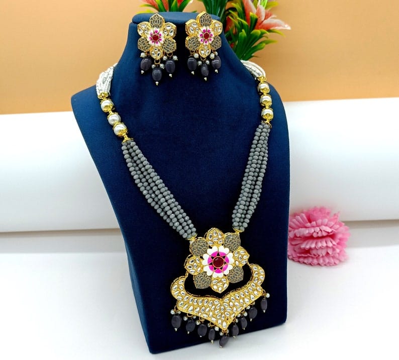 Gold Plated Kundan Beaded Necklace & Earrings Set