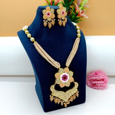 Onyx Small Beads With Kundan Gold Plated Antique Necklace With Earring