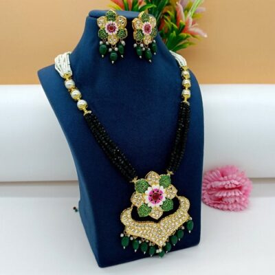Onyx Small Beads With Kundan Gold Plated Antique Necklace With Earring
