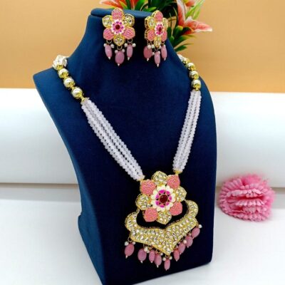 Onyx Small Beads With Kundan Gold Plated Antique Necklace With Earring
