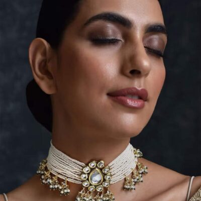 Gold Plated Kundan Pearl Necklace With Earrings