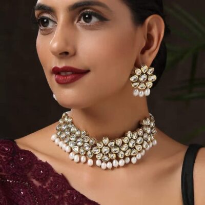 Gold Plated Kundan Choker Nacklace With Earrings
