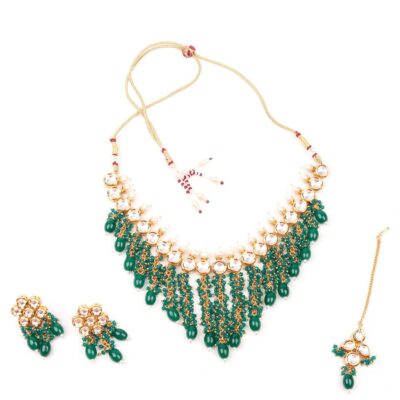 Gold Finish Green Kundan Polki Necklace With Earrings & Maangtikka