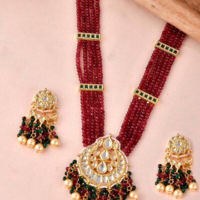 Gold-Plated Red & Green Polki Kundan Studded & Beaded Jewellery Set