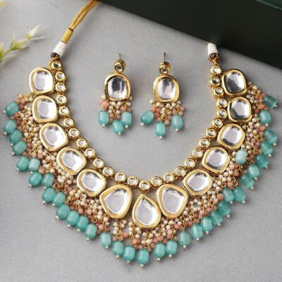 Gold Plated Turquoise Kundan Necklace Set