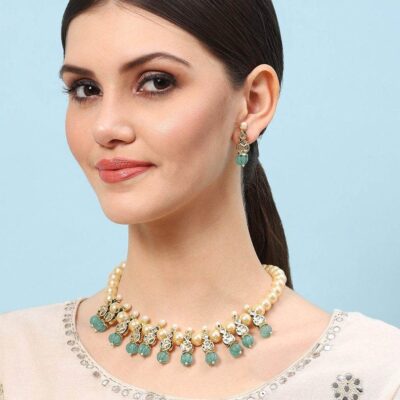 Gold Plated Pearl Beaded Necklace with Earrings