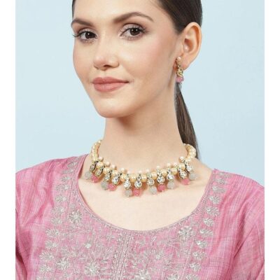 Gold Plated Pearl Beaded Necklace with Earrings