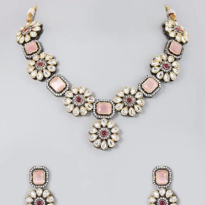 Two Tone Finish Pastel Pink Stone Choker Necklace