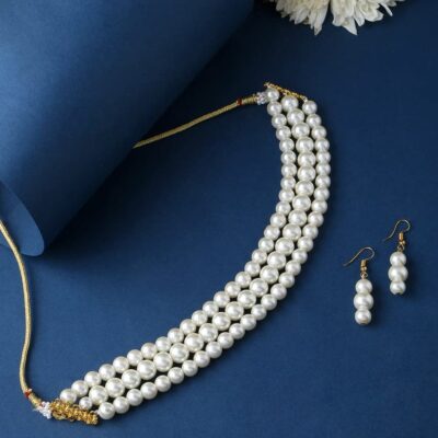 3 Line Pearl Necklace With Earrings