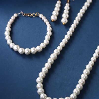 White Pearl Single Layer Necklace Set With Bracelet