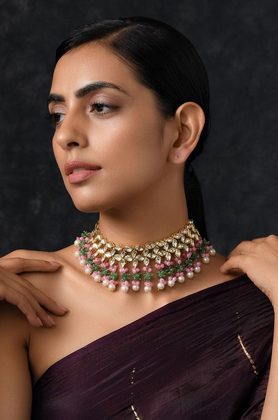 Pink-Green Gold Plated Kundan Choker Necklace - Image 3