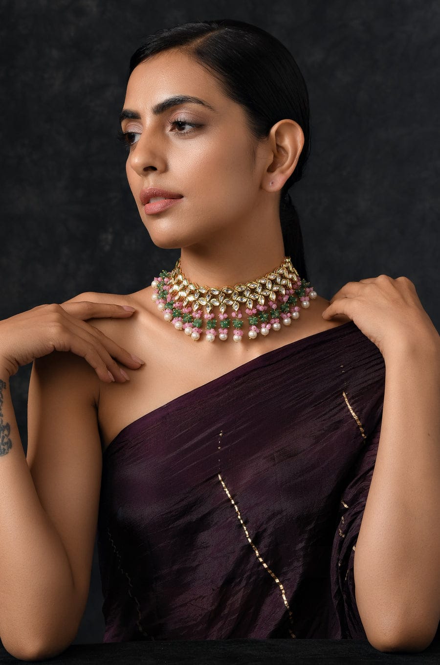 Pink-Green Gold Plated Kundan Choker Necklace - Image 2