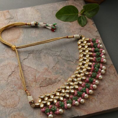 Pink-Green Gold Plated Kundan Choker Necklace