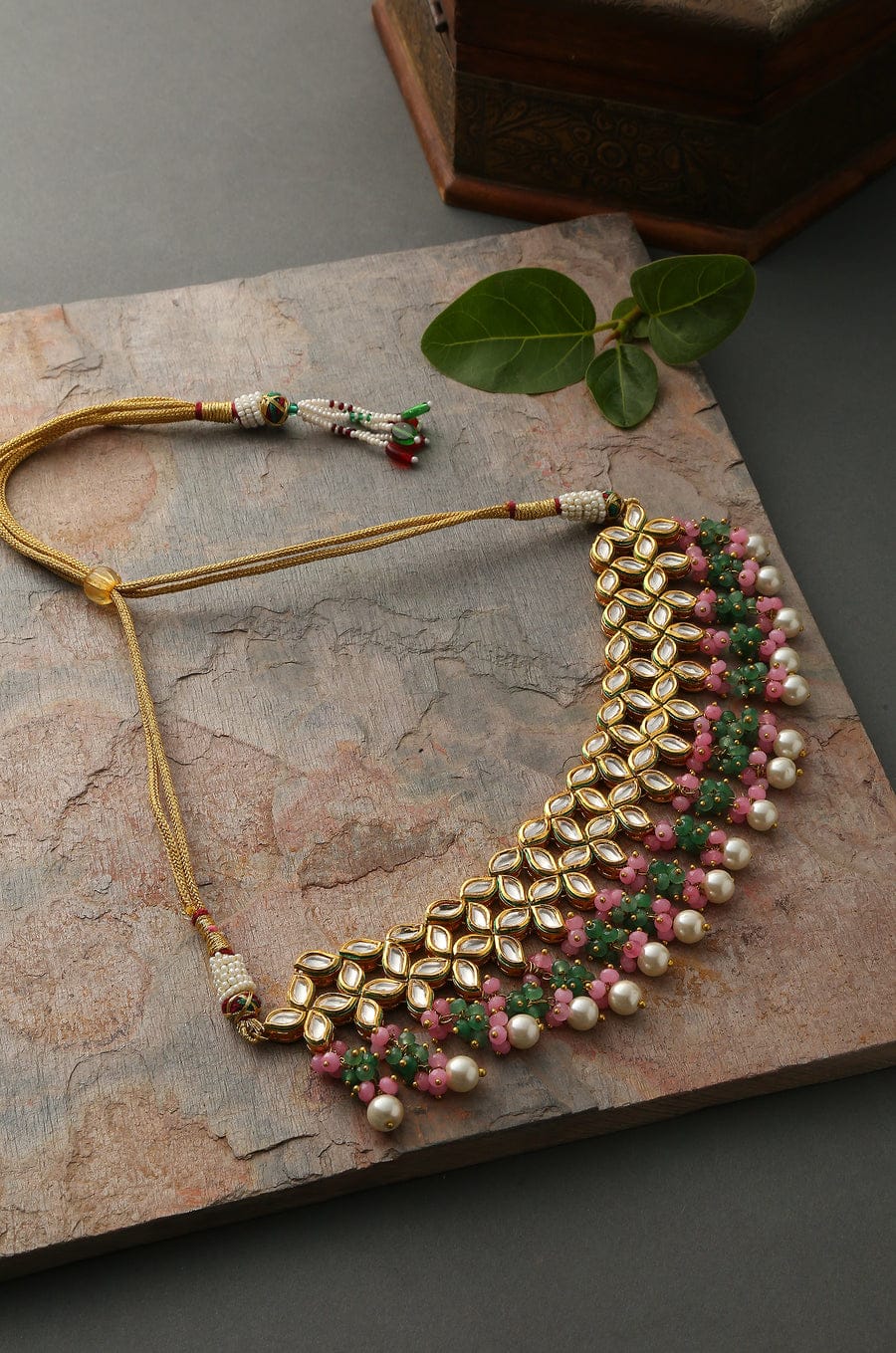Pink-Green Gold Plated Kundan Choker Necklace