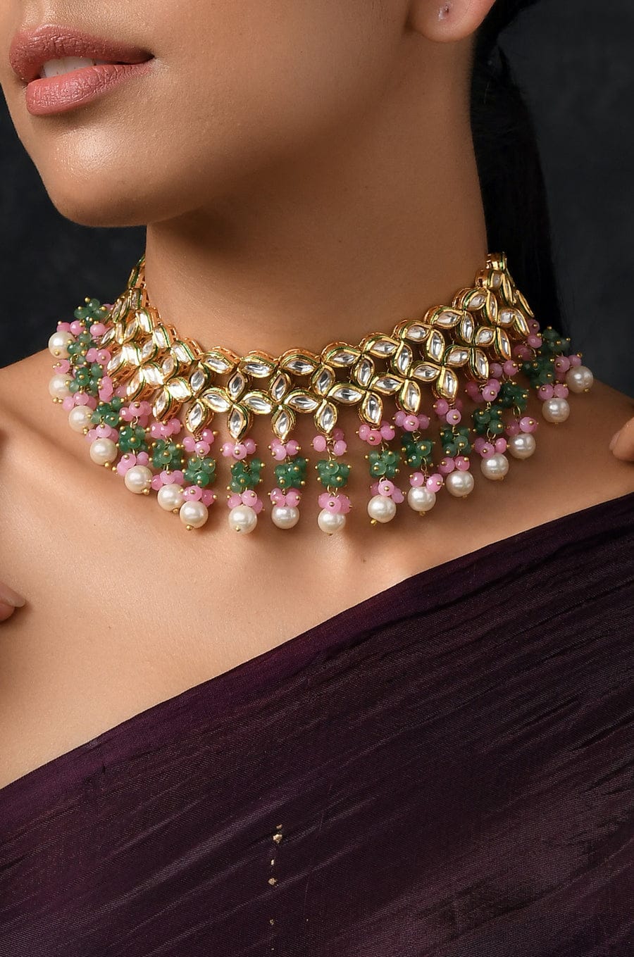 Pink-Green Gold Plated Kundan Choker Necklace - Image 4