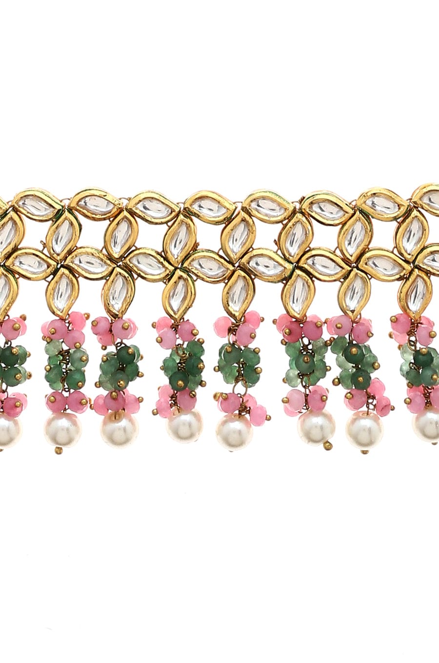 Pink-Green Gold Plated Kundan Choker Necklace - Image 5