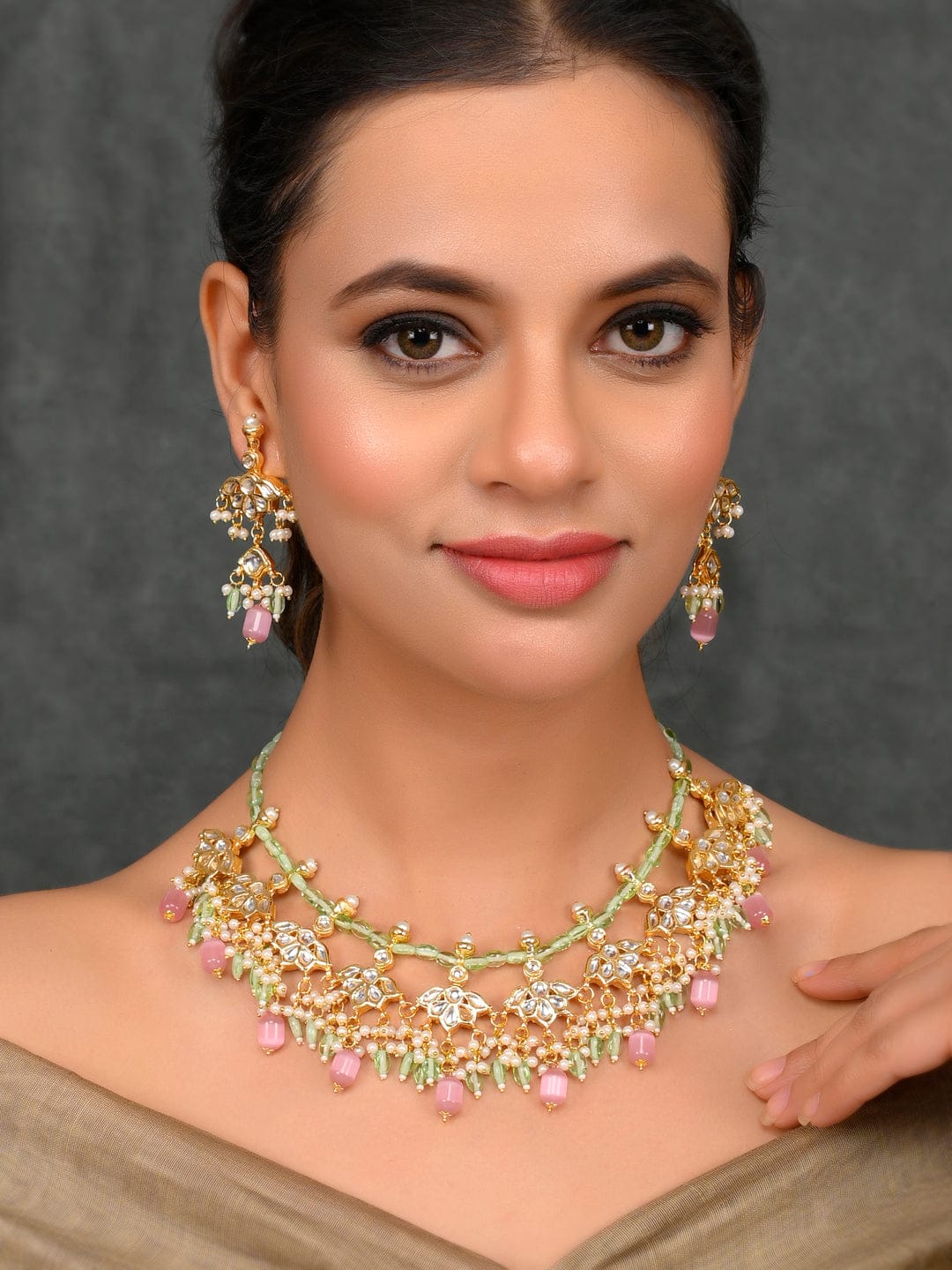 Gold Plated With Pink Beads Necklace Set - Image 3