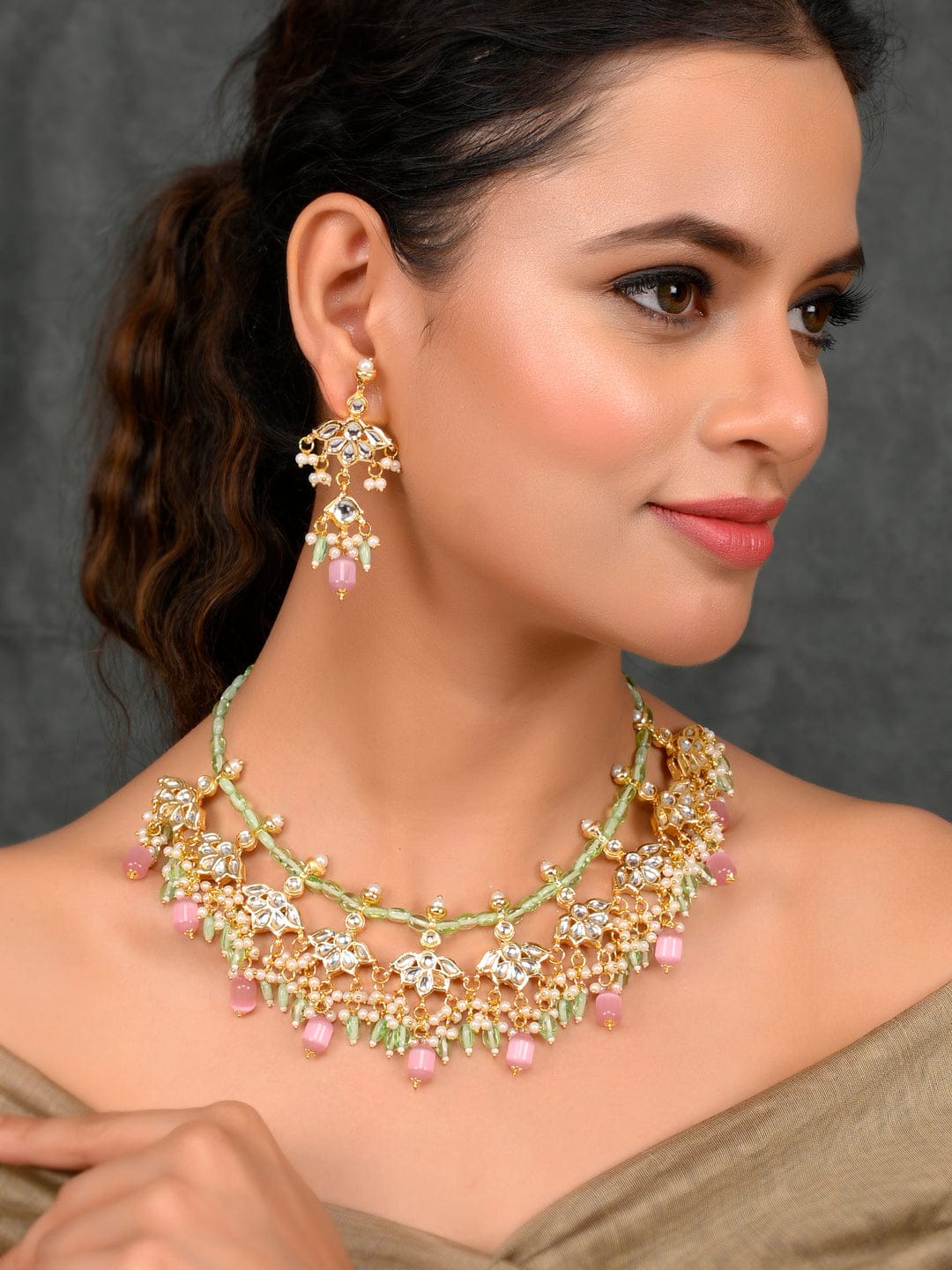 Gold Plated With Pink Beads Necklace Set - Image 2
