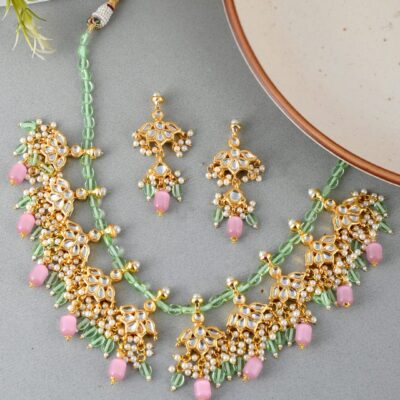 Gold Plated With Pink Beads Necklace Set