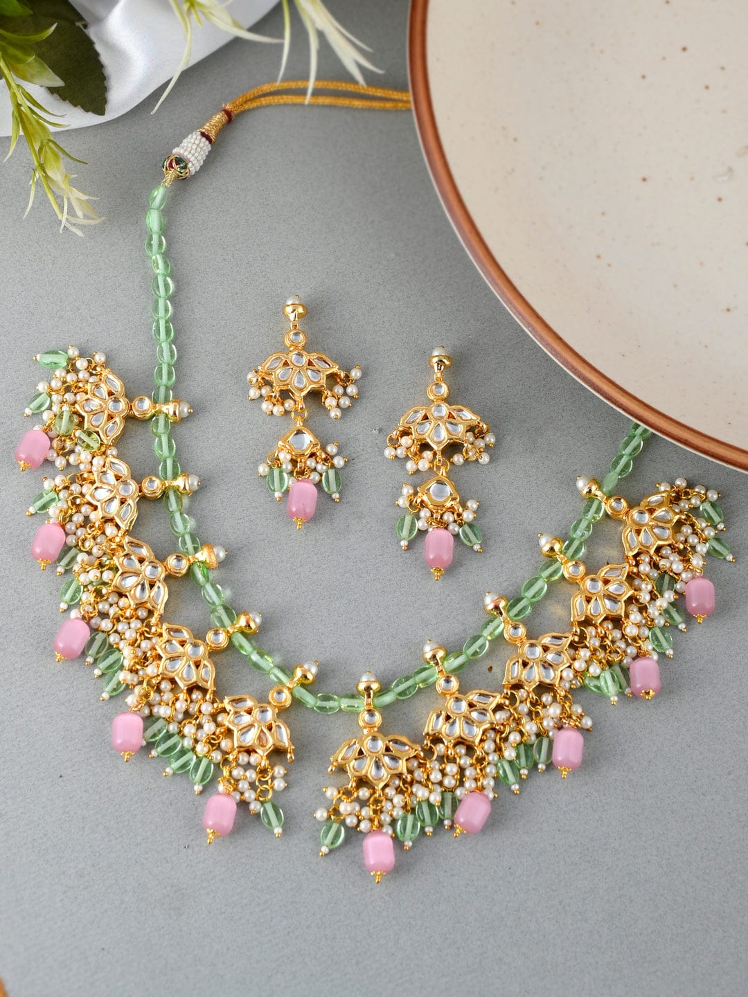 Gold Plated With Pink Beads Necklace Set