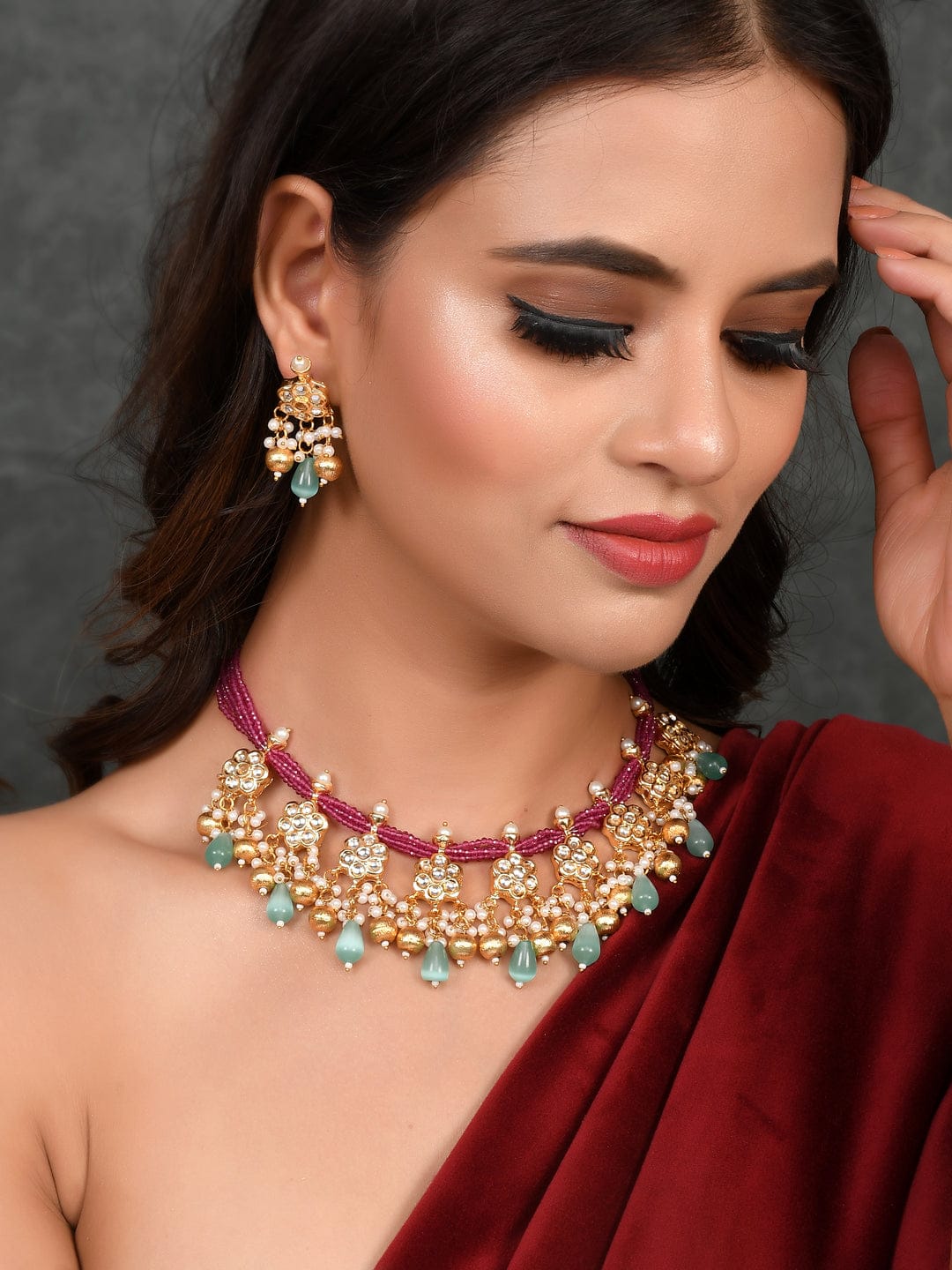Gold Plated Stone Studded Jewellery Set - Image 2
