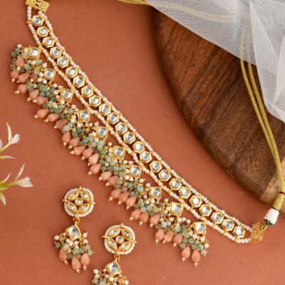 Gold Plated White Pink Kundan Beaded Jewellery Set