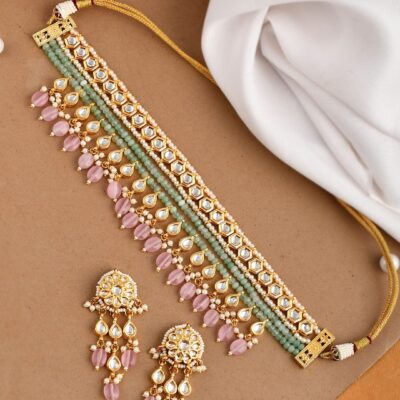 Pink & Parrot Green Color Kundan Choker Necklace Set