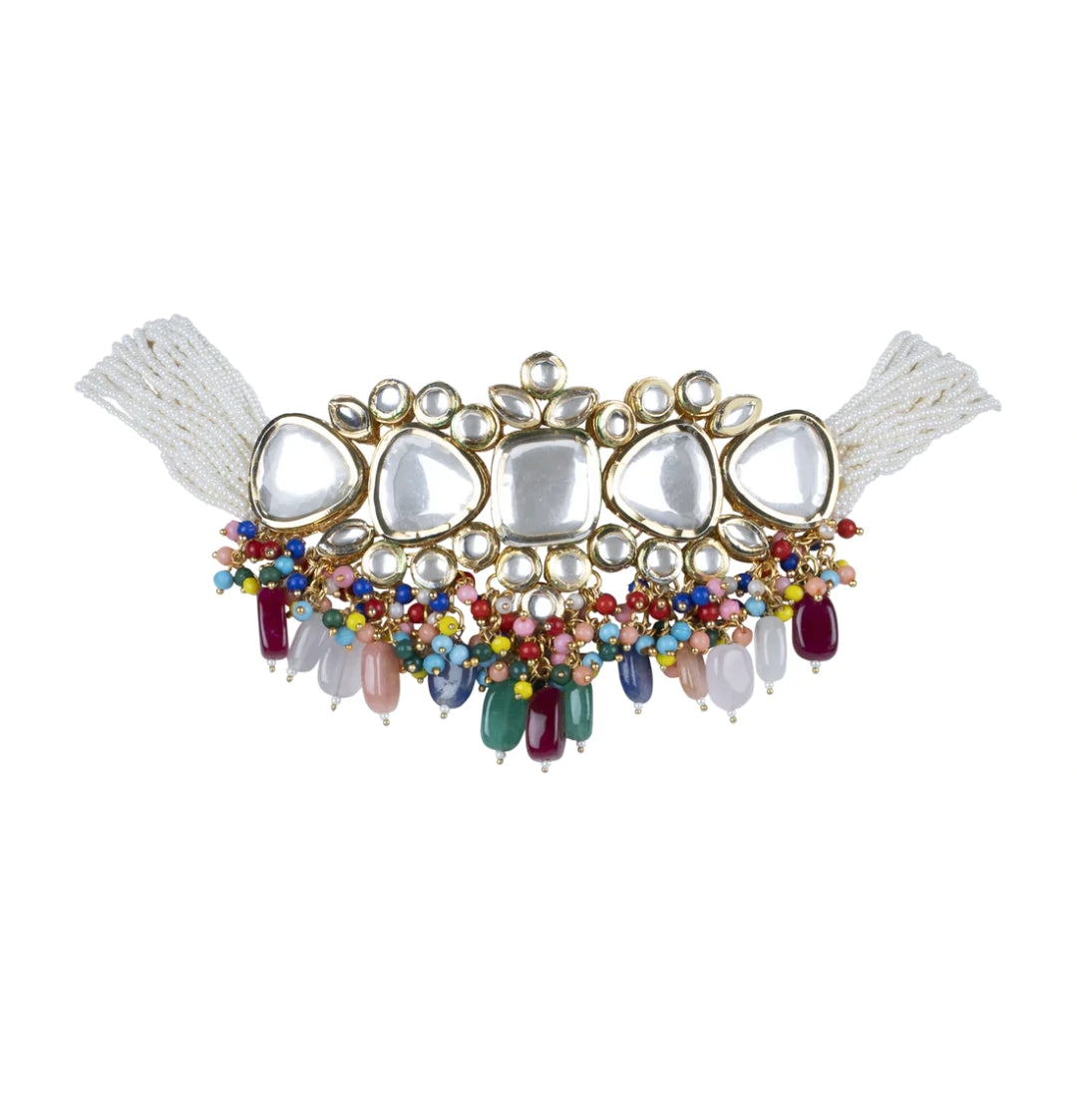 Multicolour Kundan Choker Necklace With Earrings - Image 3