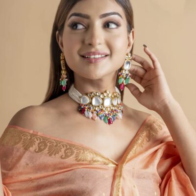 Multicolour Kundan Choker Necklace With Earrings