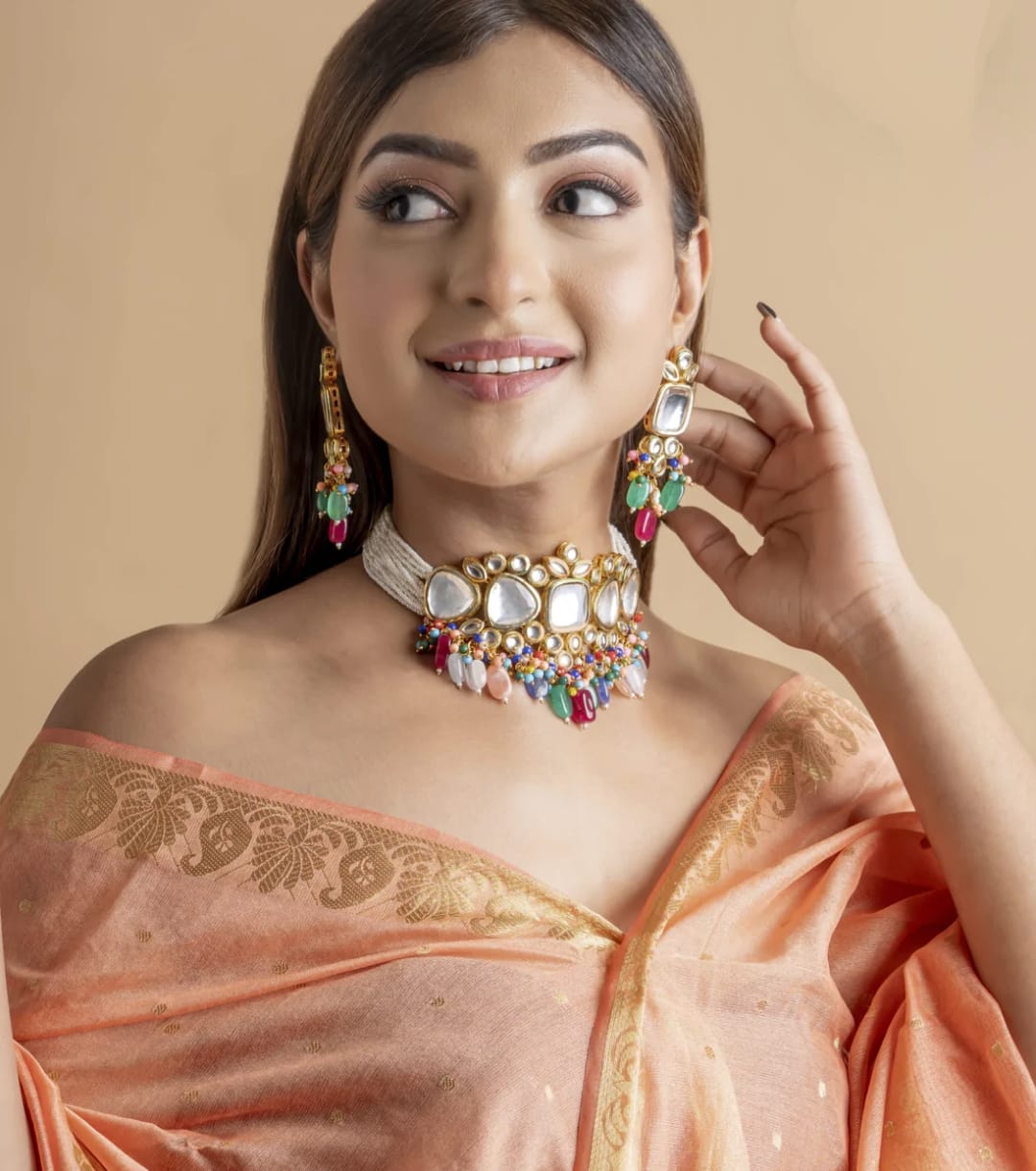 Multicolour Kundan Choker Necklace With Earrings