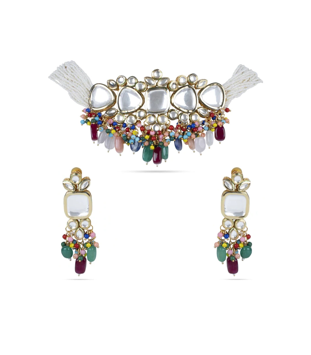 Multicolour Kundan Choker Necklace With Earrings - Image 2