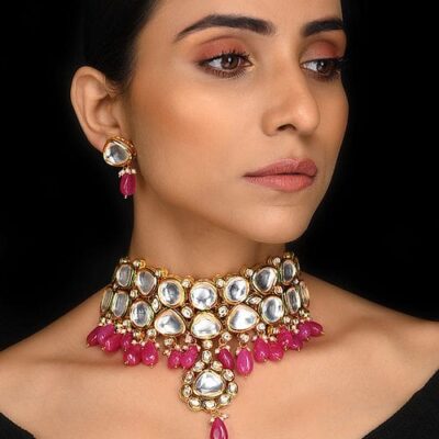 Multicolor Nien Kundan Choker Necklace With Earrings