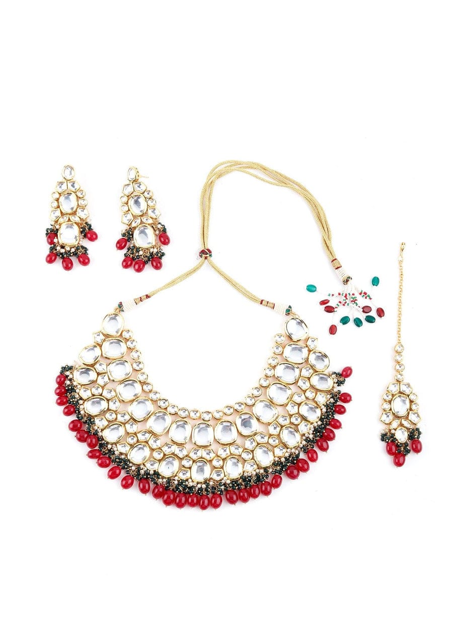 Gold Plated Kundan Studded & Pearls Beaded Jewellery Set - Image 3