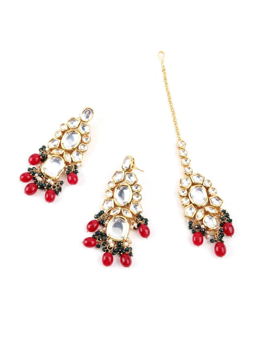 Gold Plated Kundan Studded & Pearls Beaded Jewellery Set - Image 6