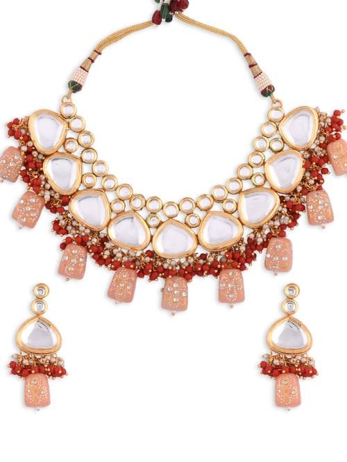 Gold Plated Kundan Studded & Pearls Beaded Necklace With Earrings & Mangtikka - Image 3