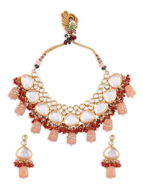 Gold Plated Kundan Studded & Pearls Beaded Necklace With Earrings & Mangtikka - Image 2