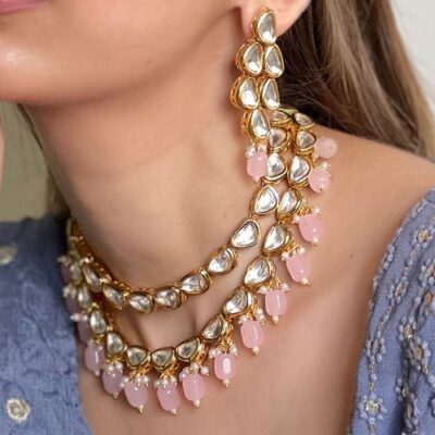 Gold Plated Beads & Kundan Stone Necklace Set