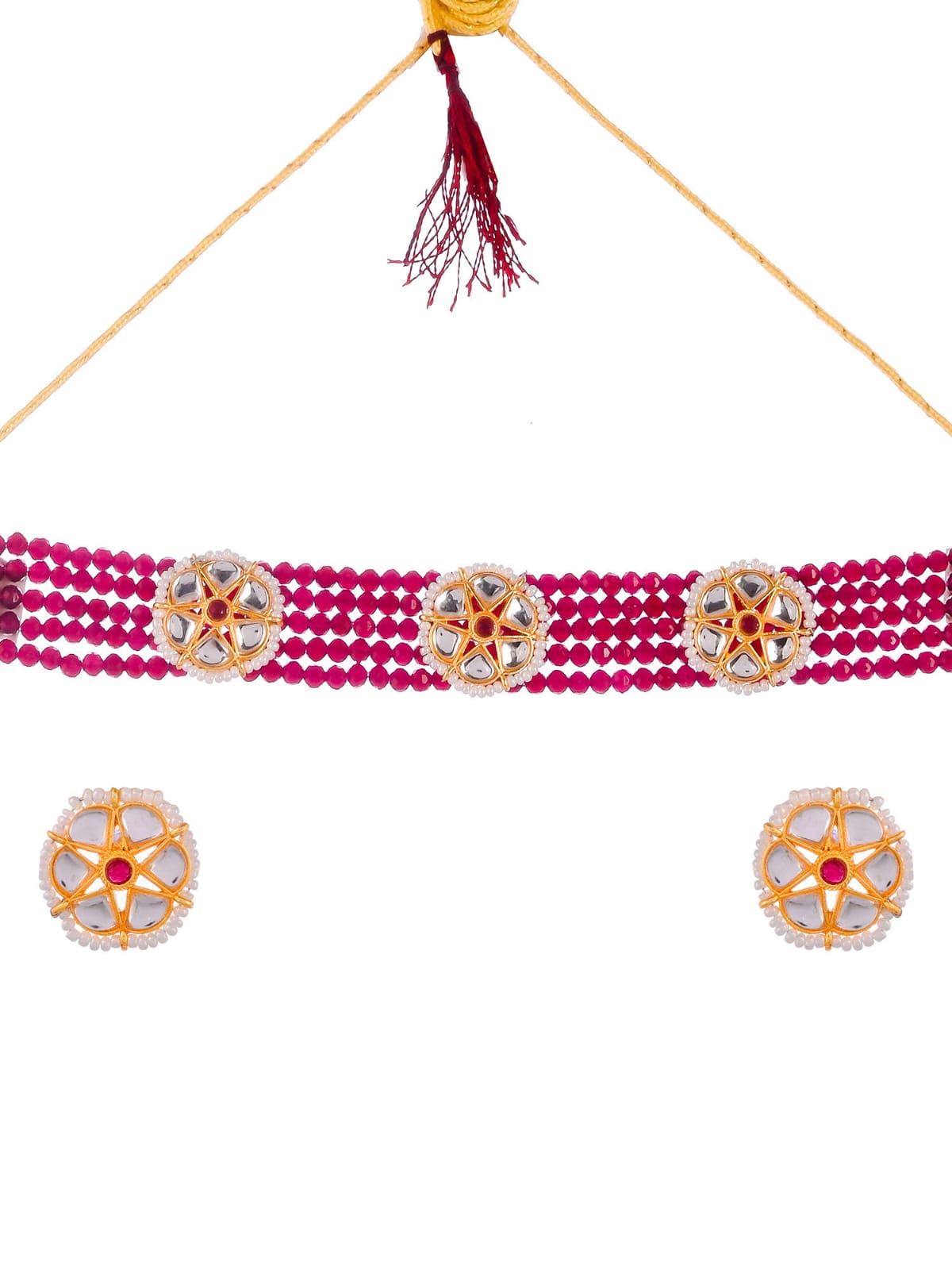 Gold Plated Stone Studded Beaded Choker Necklace - Image 3