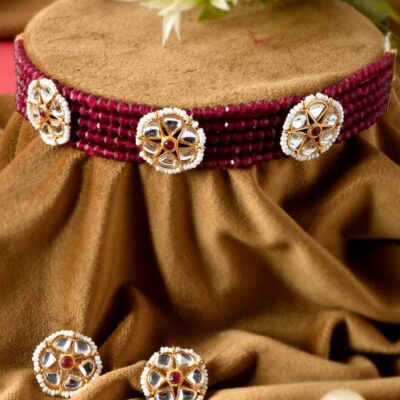 Gold Plated Stone Studded Beaded Choker Necklace