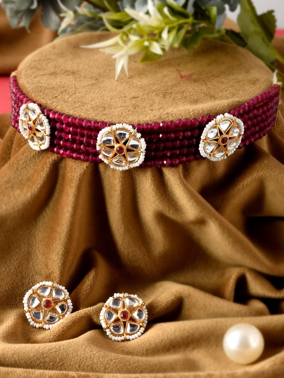 Gold Plated Stone Studded Beaded Choker Necklace