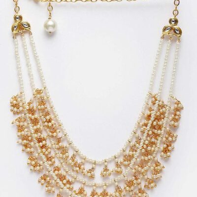 Gold Finish Long Necklace With Pearls