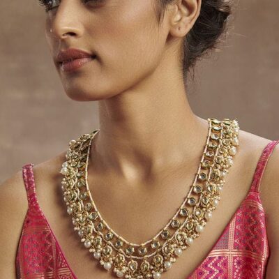 Gold Plated Stone Studded Beaded Choker Necklace