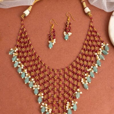 Gold-Plated Pink & Sea Green Kundan Studded & Beaded Jewellery Set