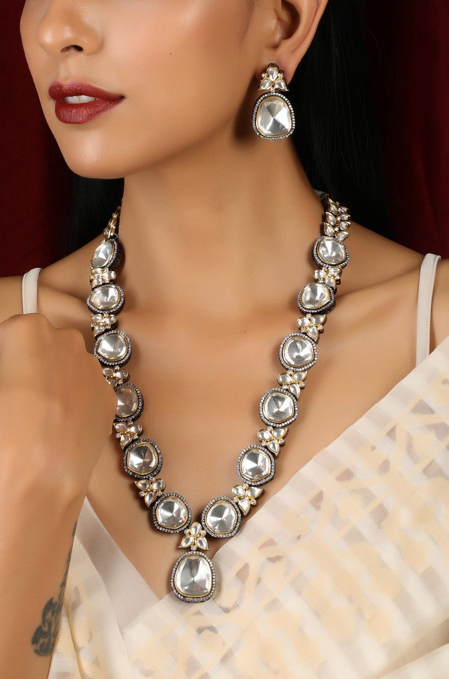 Victorian Uncut Polki Faux Diamond Necklace set - Image 3