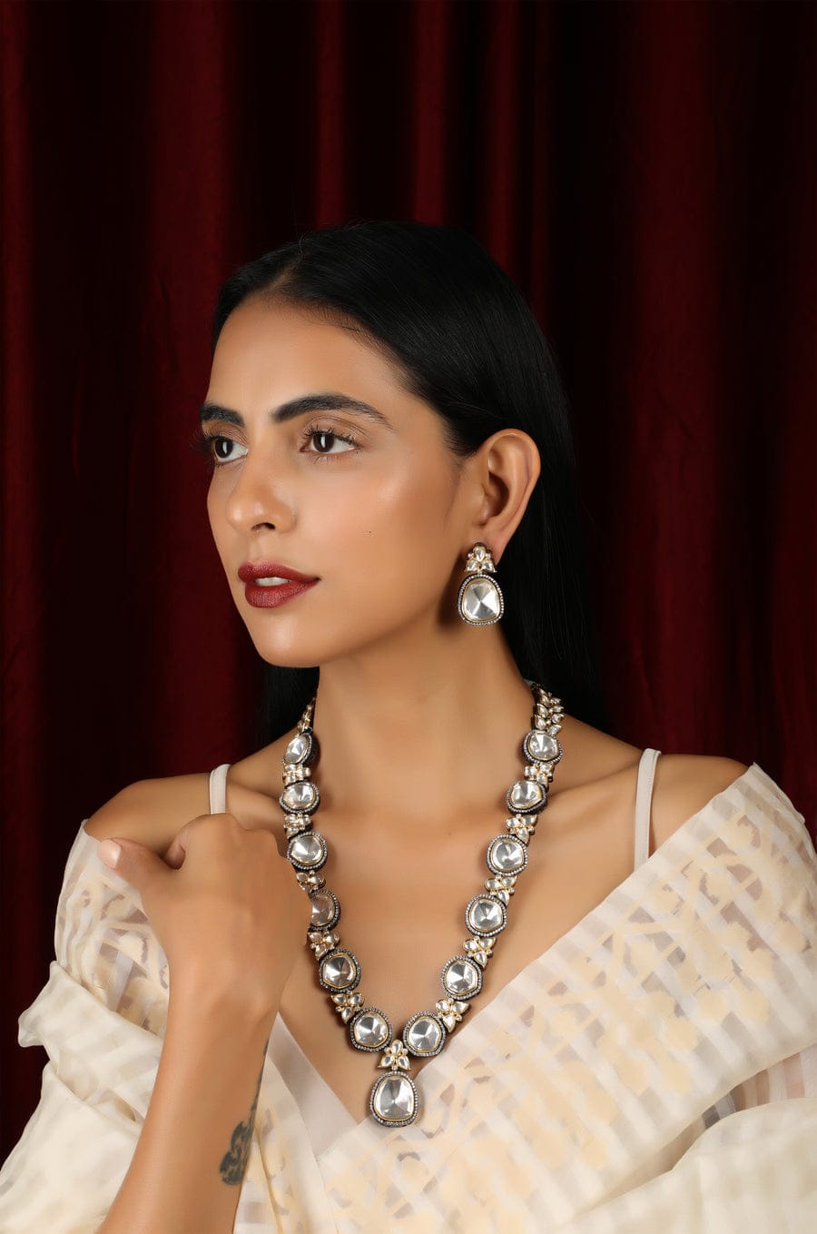 Victorian Uncut Polki Faux Diamond Necklace set - Image 2