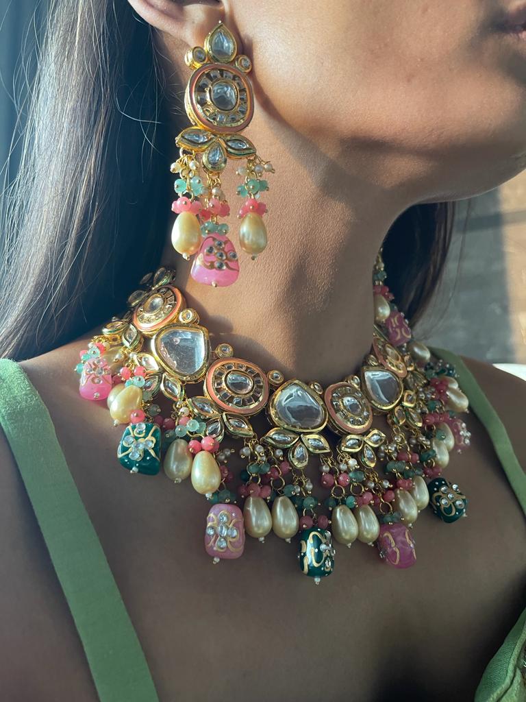 Heavy Meenakari Jadau Kundan Handmade Choker Necklace - Image 5